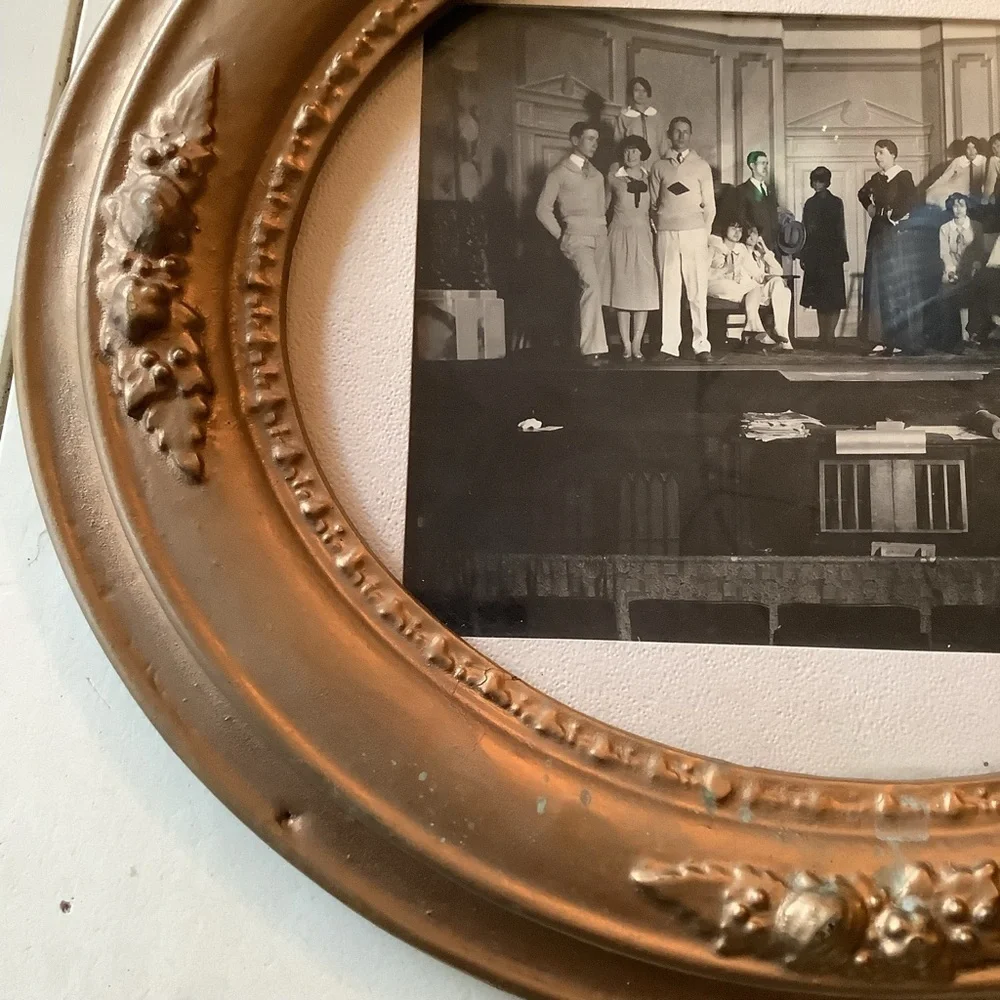 Antique Oval Gold Ornate Wood Frame with Old Play Performance Original Photo